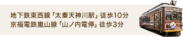 地下鉄東西線「太秦天神川駅」徒歩10分 京福電鉄嵐山線「山ノ内電停」徒歩3分